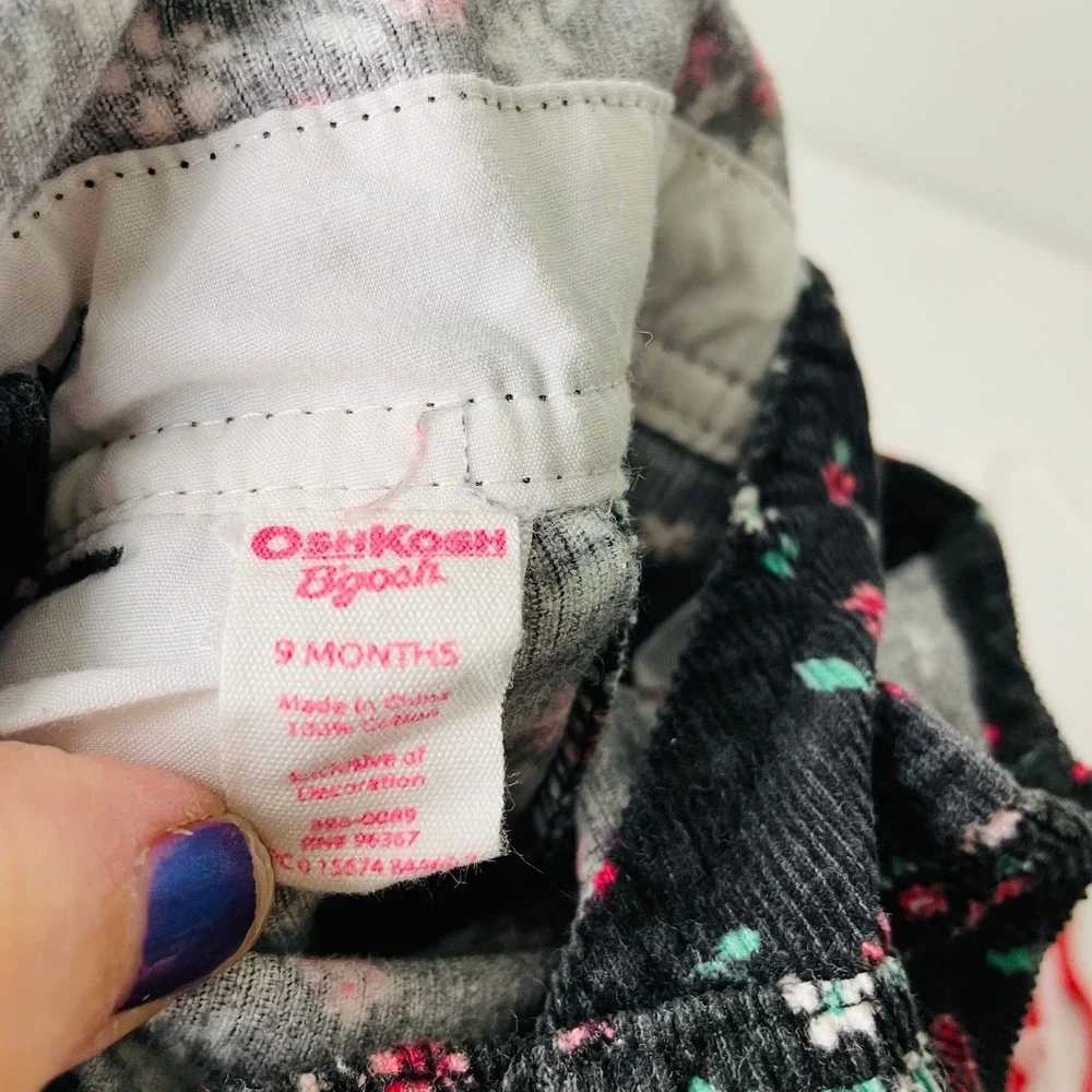 Vtg OshKosh B'gosh Overalls Black Floral Corduroy Bibs Girl 9 Months Cottagecore